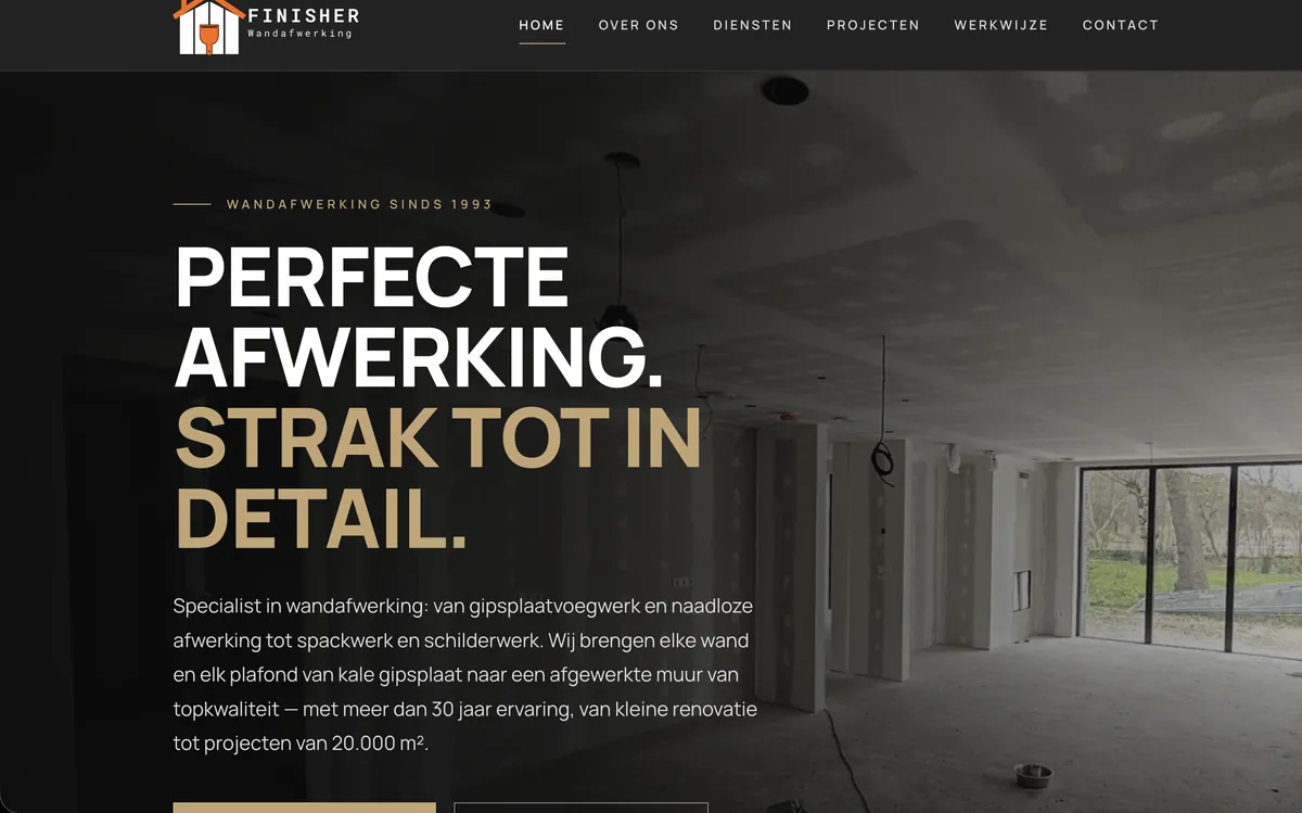 Website voor De Finisher, wandafwerking in Alkmaar